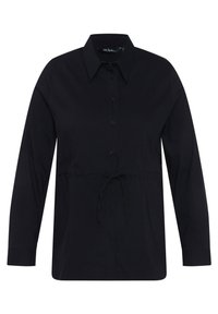 Maglietta nera a maniche lunghe con chiusura a bottoni, colletto e vita regolabile con cordino per una vestibilità personalizzabile. Tessuto con texture liscia.