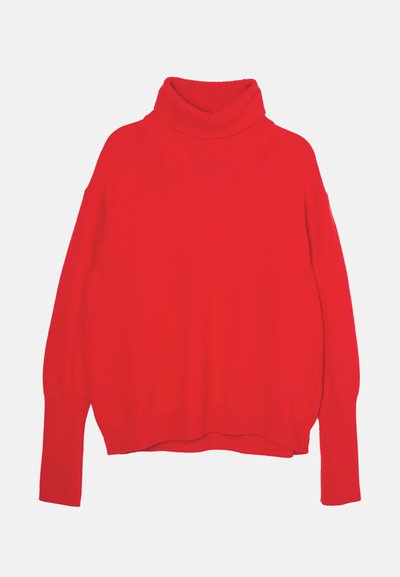 Red knitted turtleneck sweater with a relaxed fit, long sleeves, ribbed cuffs, and hem. Smooth texture and solid color throughout.