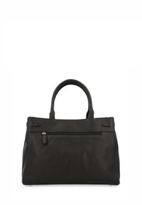 Sac à main en cuir noir à surface texturée, avec deux poignées supérieures et une poche zippée sur le devant. Forme rectangulaire, design structuré.