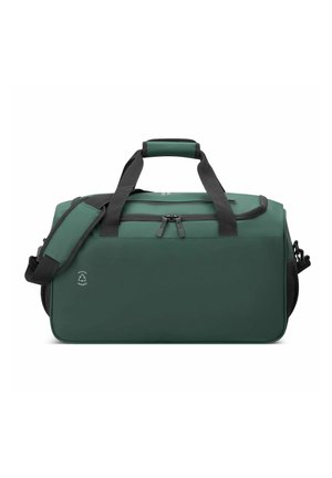 Bolso de lona verde con acentos negros, que cuenta con asas superiores y una correa de hombro desmontable. Exterior suave con cierre de cremallera.
