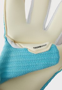 Close-up of a light blue and beige glove palm with reinforced thumb labeled "THUMBRAP" for added support.