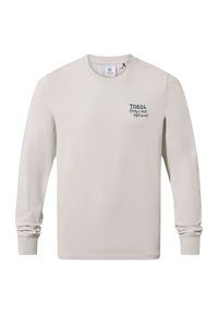 Long-sleeve shirt in light beige cotton. Features crew neck, ribbed cuffs, and a printed logo on the left chest in dark blue.