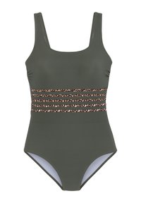 Olivgrüner Badeanzug mit quadratischem Ausschnitt, breiten Trägern, einem Taillenbund mit Leopardenmuster und hochgeschnittenen Beinen. Glatte Textur.