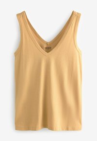 Top sin mangas amarillo con un escote en V profundo, hecho de una tela suave. Diseño sencillo, con bordes limpios y sin adornos.