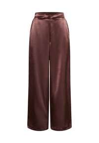 Brune satin brede bukser med elastisk talje og sidelommer. Glat tekstur og en flydende silhuet for komfort.