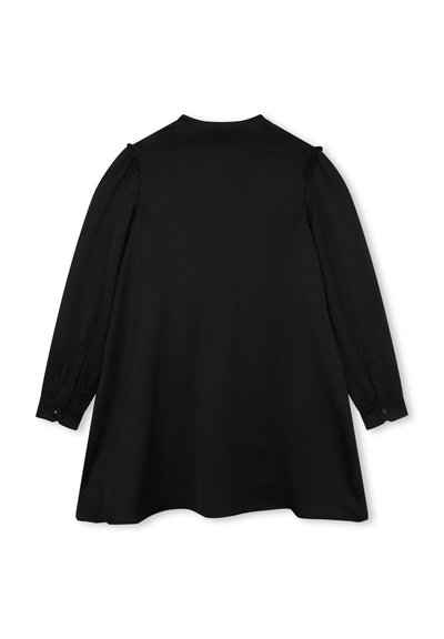 Zwarte lange mouw jurk met een relaxte pasvorm, voorzien van een ronde halslijn, subtiele pofschouders en knoopmanchetten. Gladde stoftextuur.