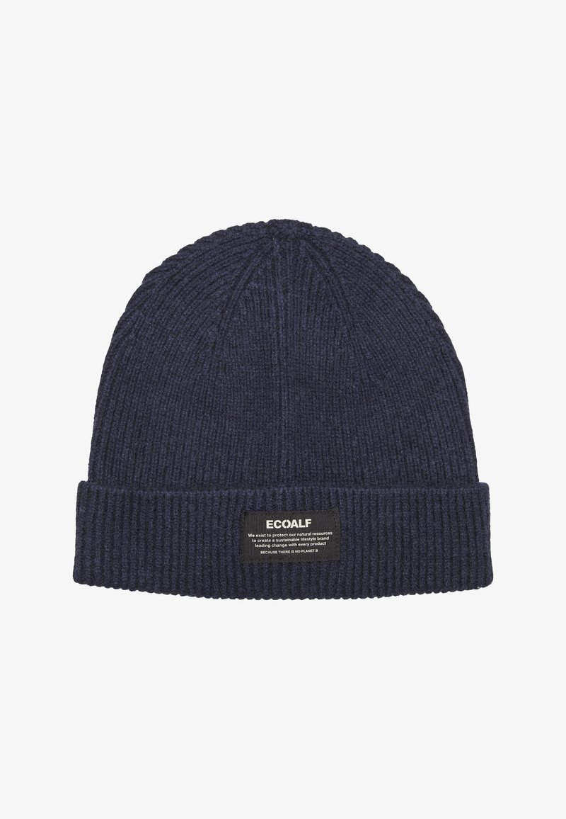 Dark blue ribbed knit beanie with folded cuff and black label reading "ECOALE" and sustainability message on front.