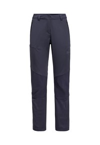 Marineblaue Outdoor-Hosen mit einem schlanken Design, das eine Kombination aus glattem und strukturiertem Stoff aufweist, mehrere Taschen und einen Knopfverschluss hat.