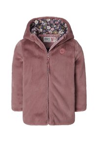 Roze fleecejack met een capuchon, voorkant rits en een bloemenpatroon in de voering. Bevat een rond logo op de borst en heeft een zachte textuur.