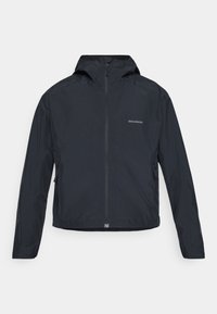 Black, lightweight windbreaker jacket with a hood, long sleeves, full front zipper, and side pockets. Features a subtle logo on the chest.