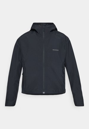 Black, lightweight windbreaker jacket with a hood, long sleeves, full front zipper, and side pockets. Features a subtle logo on the chest.