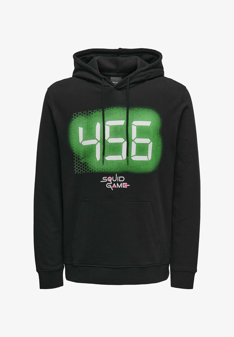 Black hoodie featuring a large green digital display reading "456" and "SQUID GAME" logo. Made from soft fabric with a front pocket.