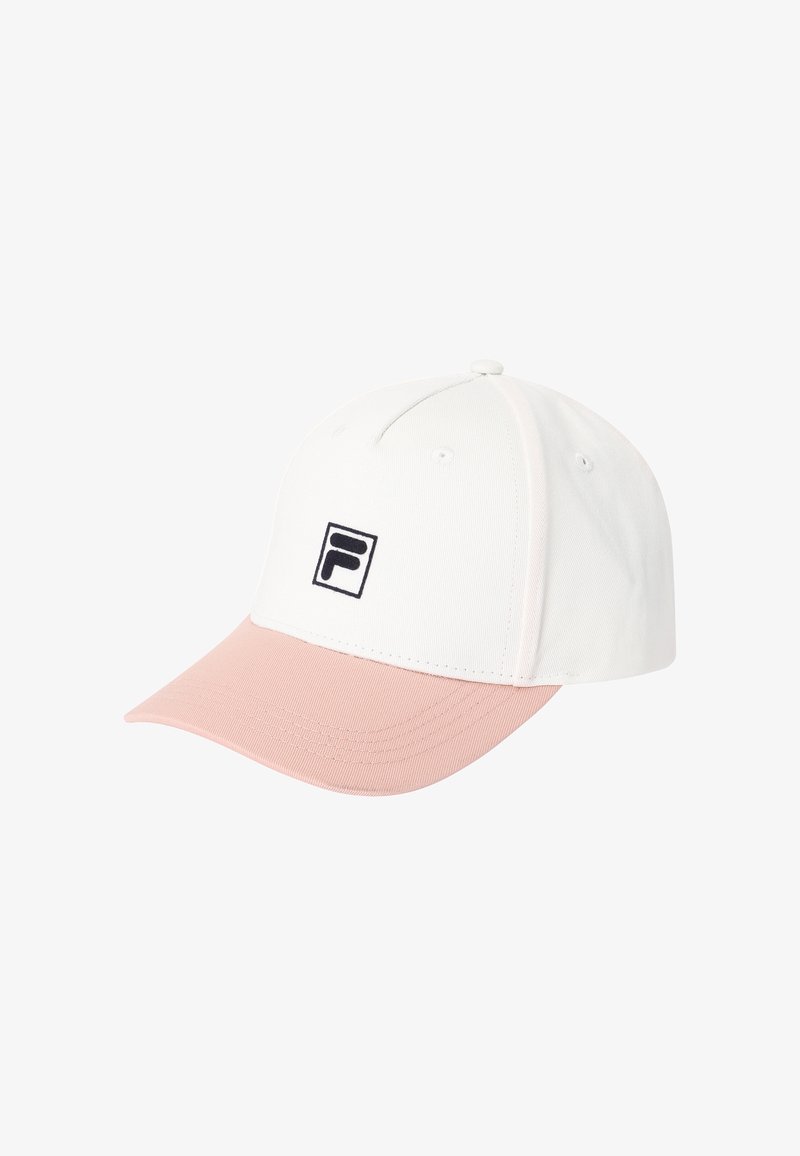 Casquette de baseball blanche et rose avec une visière courbée et un logo "F" noir sur le panneau avant.