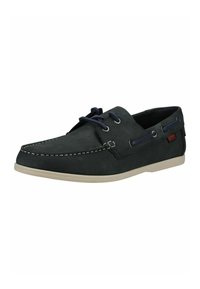 Chaussure bateau décontractée bleu marine avec coutures blanches, fermeture à lacets à l'avant, œillets latéraux avec lacets et semelle beige clair.