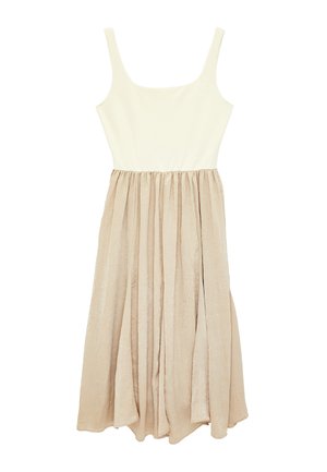 Ærmeløs kjole med en cremefarvet, tætsiddende krop og et samlet, flydende beige midilængde skørt med blomstermønster.