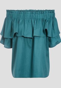 Haut teal à épaules dénudées en coton, avec un col élastique froncé, des volants superposés le long des manches et une coupe ample.