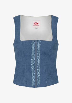 Ärmelloses, blaues Wildlederoberteil mit quadratischem Ausschnitt, das einen zentralen Reißverschluss und aufwendige hellblaue Blumenstickerei auf der Vorderseite aufweist.