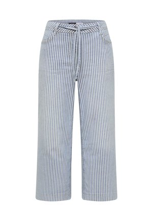 Pantalon à jambes larges à rayures verticales bleu clair et blanches avec poches avant et cordon noué à la taille.