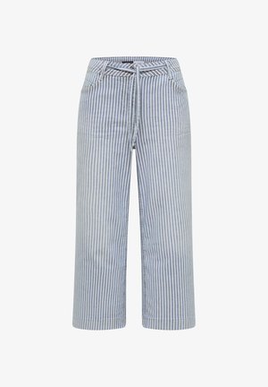 Pantalon à jambes larges à rayures verticales bleu clair et blanches avec poches avant et cordon noué à la taille.