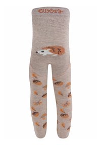 Beżowe rajstopy z dzianiny z motywem jeża w okolicy pasa i pomarańczowym oraz brązowym wzorem liściwego krajobrazu. Miękka tekstura.