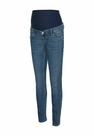 Jeans premaman in denim blu scuro con un elastico stretto sopra il pancione, vestibilità slim, tasche anteriori e un delicato effetto sfumato.