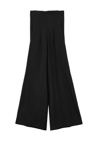 Schwarzer weitgeschnittener Jumpsuit mit einem strukturierten Oberteil, Reißverschluss hinten und glattem, leichtem Material. Keine Muster oder Verzierungen.