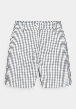 Šedobílé kostkované šortky s knoflíkovým zapínáním, poutky na pás, hladkým textilním povrchem a rovnými nohavicemi.