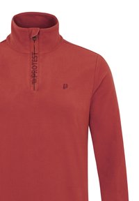 Pullover rosso in fleece con zip a quarto, dotato di un alto collo, presenta una zip e un logo a contrasto sul fronte. Tessuto morbido, design minimal.