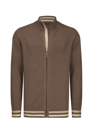 Cardigan marron texturé à fermeture éclair, avec col, poignets et ourlet côtelés, présentant des rayures beige et blanc cassé.