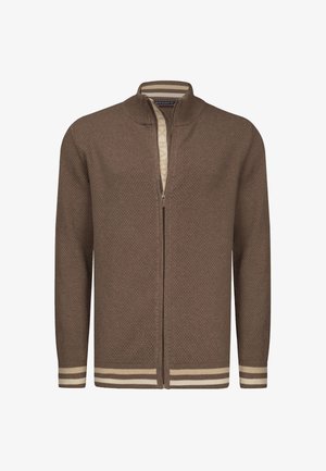 Cardigan marron texturé à fermeture éclair, avec col, poignets et ourlet côtelés, présentant des rayures beige et blanc cassé.