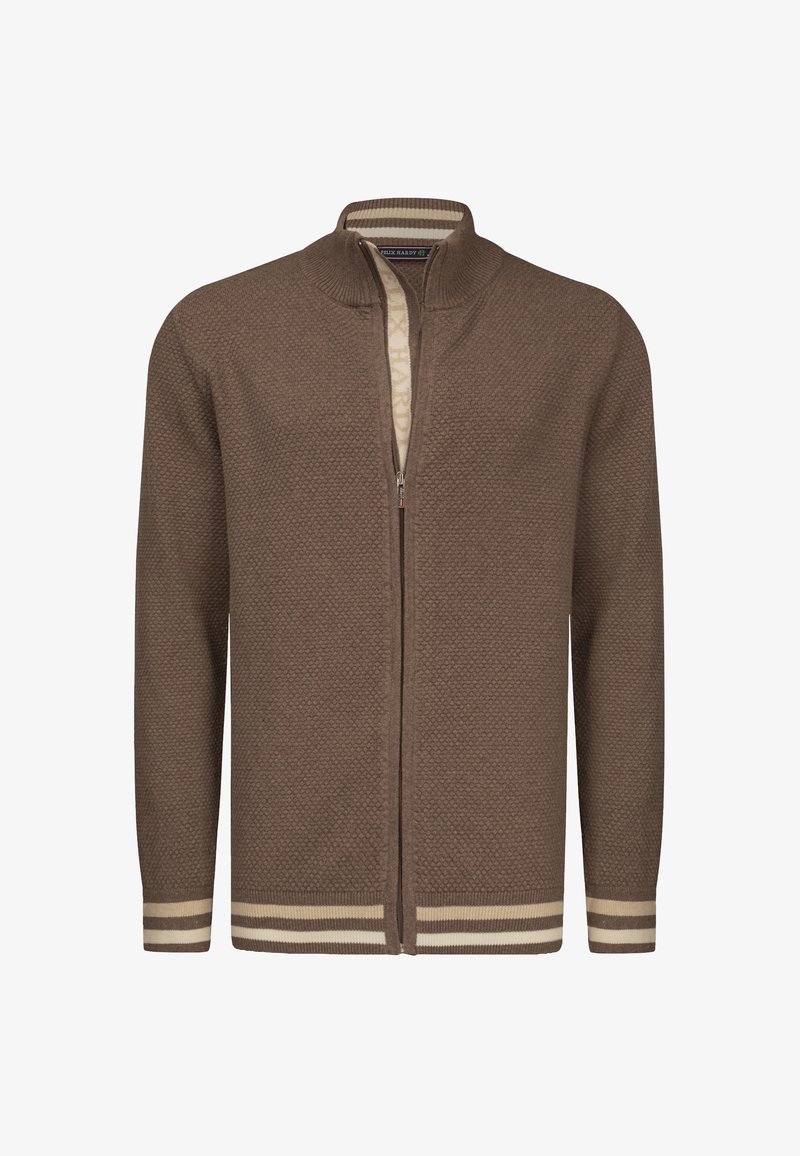 Cardigan marron texturé à fermeture éclair, avec col, poignets et ourlet côtelés, présentant des rayures beige et blanc cassé.