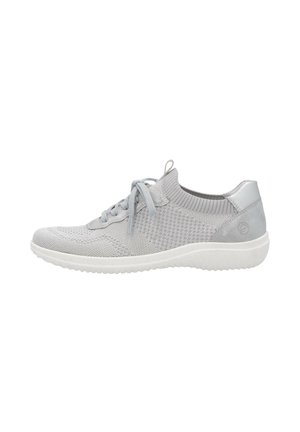 Light gray sneaker with a breathable knit upper, textured design, laces, and a white rubber sole. Includes a sleek, minimalistic heel accent.