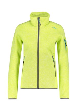 Světlé zelená fleecová bunda na zip s vysokým límcem, dvěma předními kapsami na zip, jednou kapsou na zip na levém rukávu a modrými detaily na zipu.