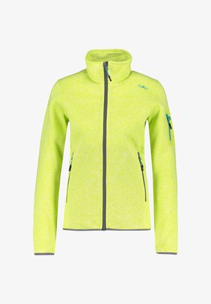 Veste polaire vert clair à fermeture éclair complète avec col montant, deux poches frontales zippées, une poche zippée sur la manche gauche et des détails de fermeture éclair bleus.