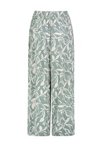 Light green wide-leg trousers made of textured fabric, featuring a white botanical leaf pattern and an elastic waistband for comfort.