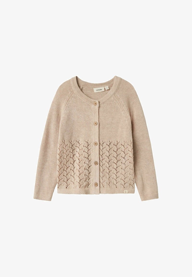 Světle béžový pletený cardigan s kulatým výstřihem, pěti dřevěnými knoflíky a krajkovým vzorem na lemu a rukávech.