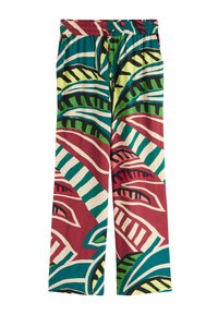 Luźne spodnie z elastycznym pasem i sznurkiem, zdobione wyrazistym abstrakcyjnym nadrukiem tropikalnych liści w kolorach zielonym, morskim, burgundzie, czarnym i kremowym.