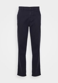 Pantalon bleu marine à jambes droites avec fermeture bouton et zip, passants de ceinture et poches latérales, présenté sur fond blanc.
