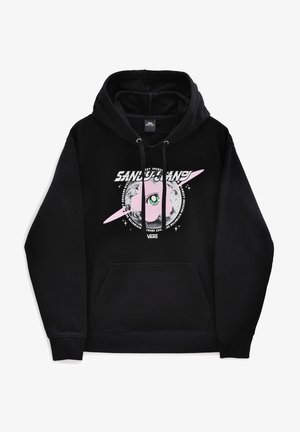 Czarna bluza z kapturem Vans z kieszenią z przodu, z różowym kreskówkowym okiem oraz białym napisem "SANGU-GANG" na tle szarego księżyca i gwiazd.