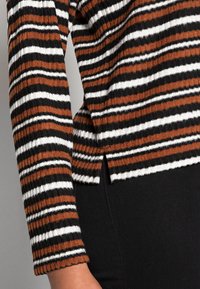 Ribbad långärmad topp med horisontella ränder i brunt, vitt och svart. Sömmen har sidofickor, och texturen ser mjuk ut.