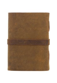 Brown leather notebook with a smooth texture, rounded edges, and a dark leather strap securing the cover; no visible logo or patterns.