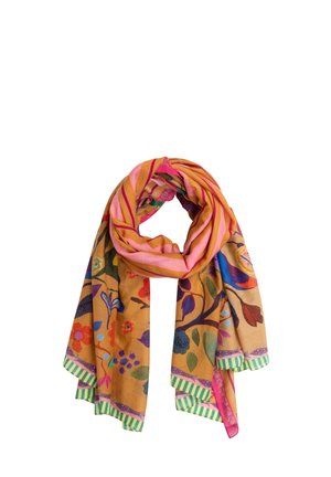 Kleurrijke sjaal met bloemen- en bladpatronen, oranje en roze strepen, en groen gestreepte randen, opgevouwen in een lus.
