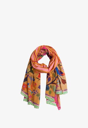 Kleurrijke sjaal met bloemen- en bladpatronen, oranje en roze strepen, en groen gestreepte randen, opgevouwen in een lus.