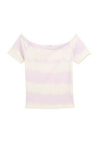 Top sin mangas en un suave y elástico tejido con un patrón de teñido anudado en color lilás y crema, de mangas cortas y forma ajustada.