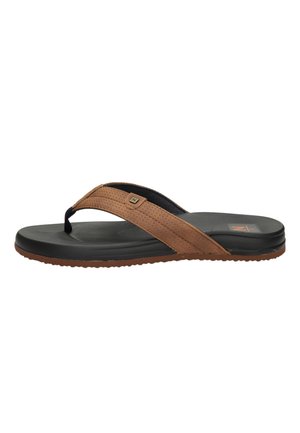 Brown and black flip-flop sandal with a textured brown strap and dark cushioned sole, shown in profile on a plain white background.
