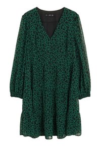 Robe verte à manches longues avec imprimé léopard noir, décolleté en V, détail à boutons sur le devant, poignets élastiqués et panneaux de jupe à volants.