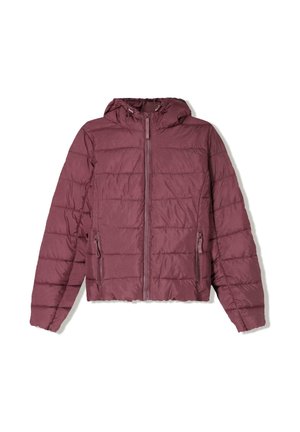 Bordeauxfarbene, wattierte Jacke mit Reißverschluss vorne, verstellbarem Kapuzenkragen und zwei Seitentaschen. Sie verfügt über genähte Paneele für Textur und ein kurzes Design.