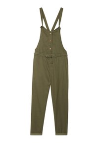 Olijfgroen overall jumpsuit met verstelbare bandjes, knopen aan de voorkant en een tailleband met trekkoord. Zachte stof met tapse benen.
