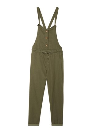 Olivgrüner Overall mit verstellbaren Trägern, Frontknöpfen und einem Kordelzugbund. Weicher Stoff mit schmal zulaufenden Beinen.