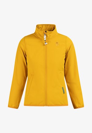 Kollane veekindel jope kõrge kraega, täispikkade tõmblukkude ja küljetaskutega. Omab tekstuurilist kangast ja väikest logo rinnal.